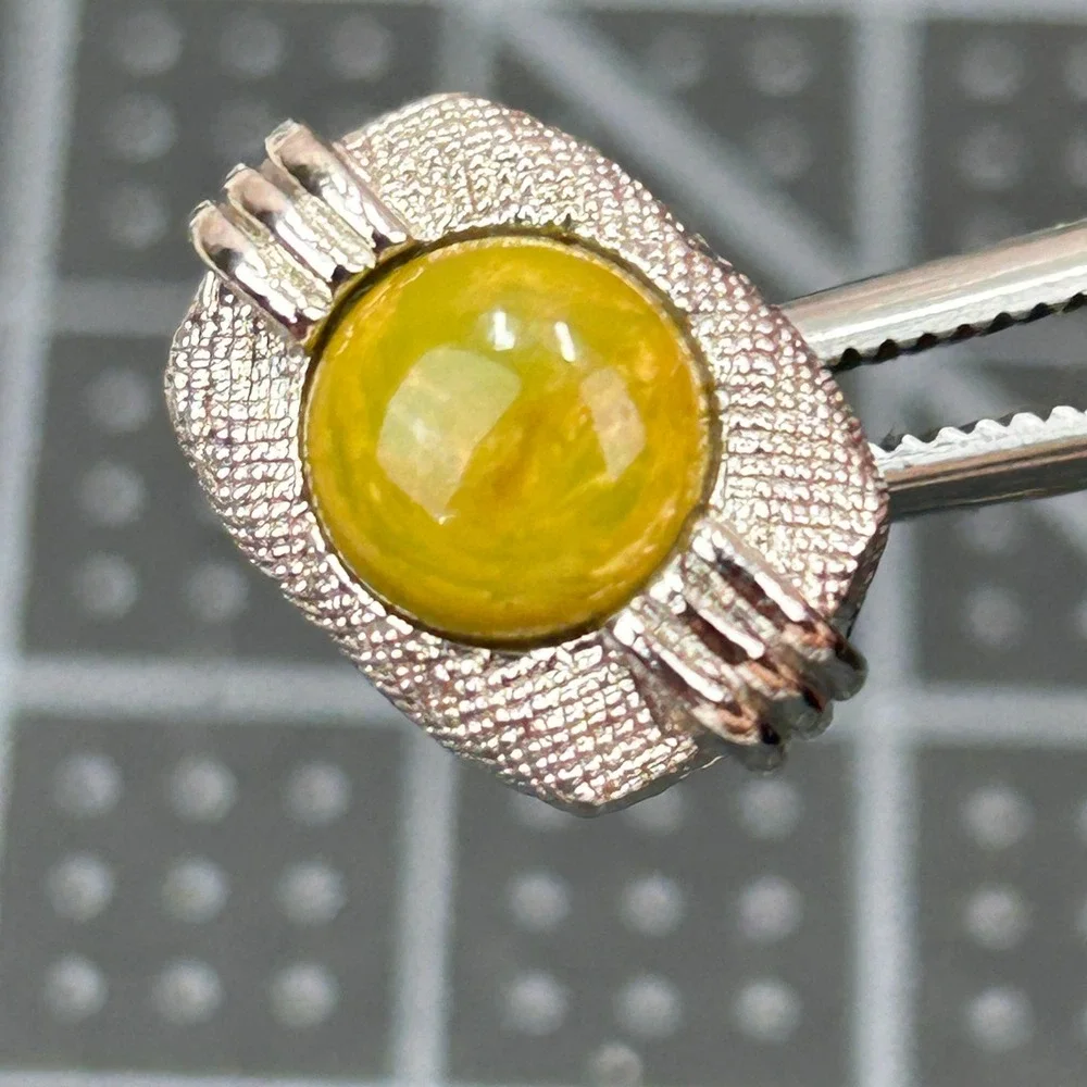 Swank Vintage Mens Wrap Mesh Cufflinks Tie‎ Tack Set Silver Tone Yellow Cabochon